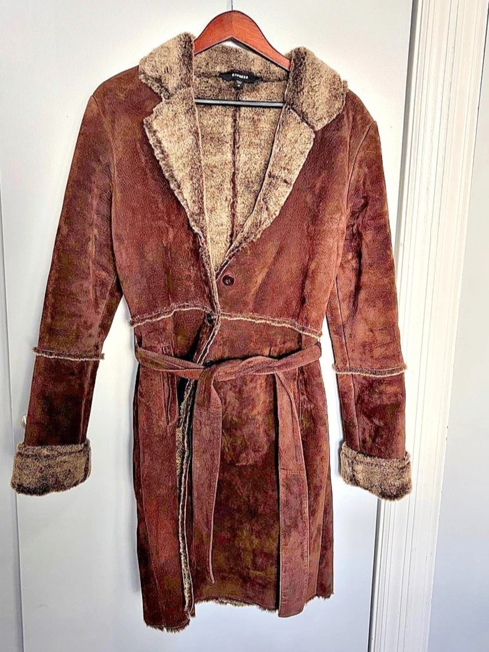 Vtg Express Penny Lane Long Suede Coat M Boho Festival Hippie Leather Fur Lined